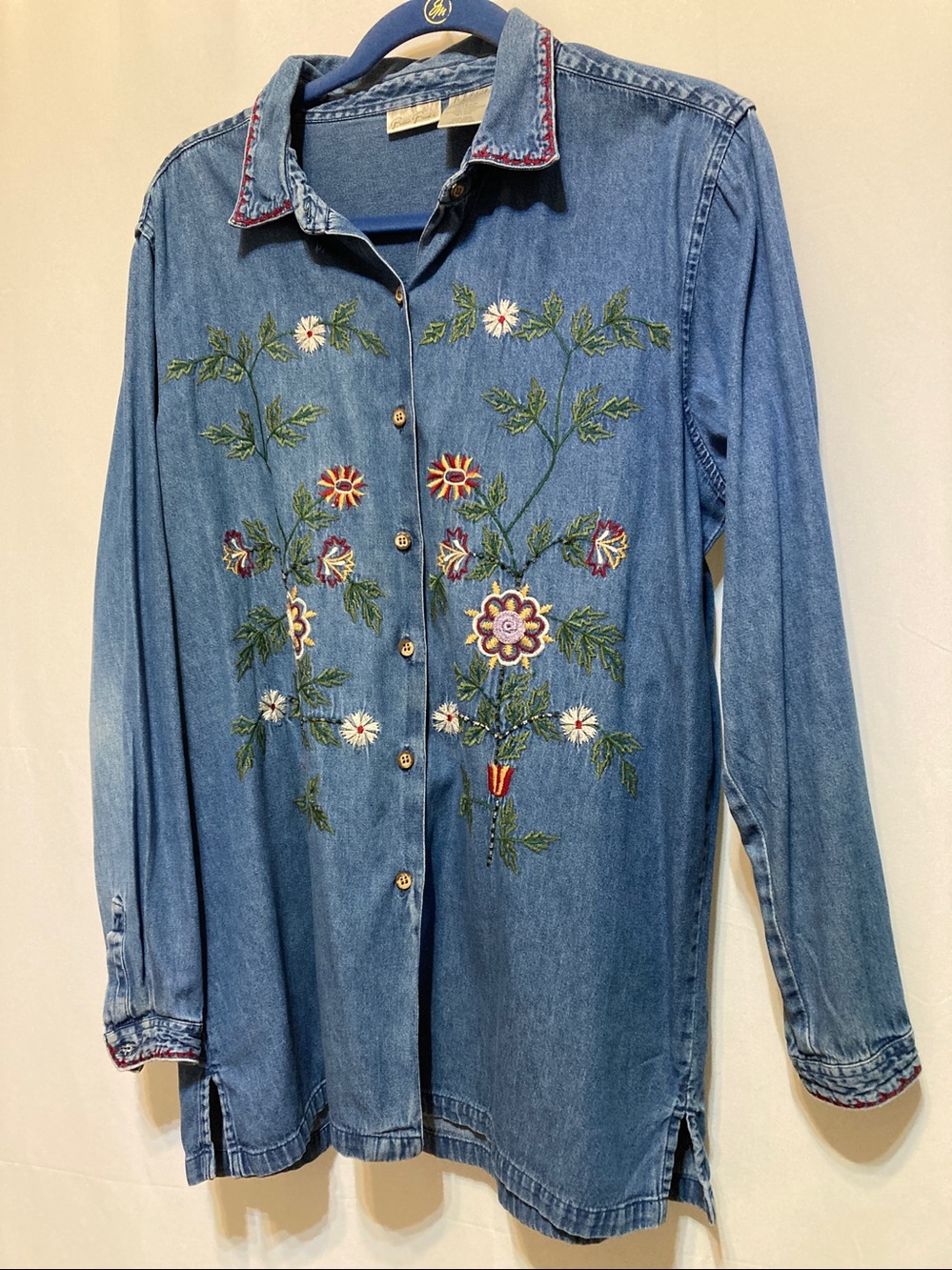Embroidered And Beaded Floral Denim Shirt Jacket - Blue Size L